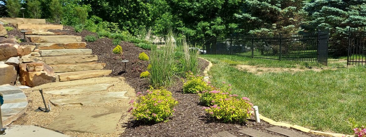 Hillside stone steps with landscaping and accent plants
